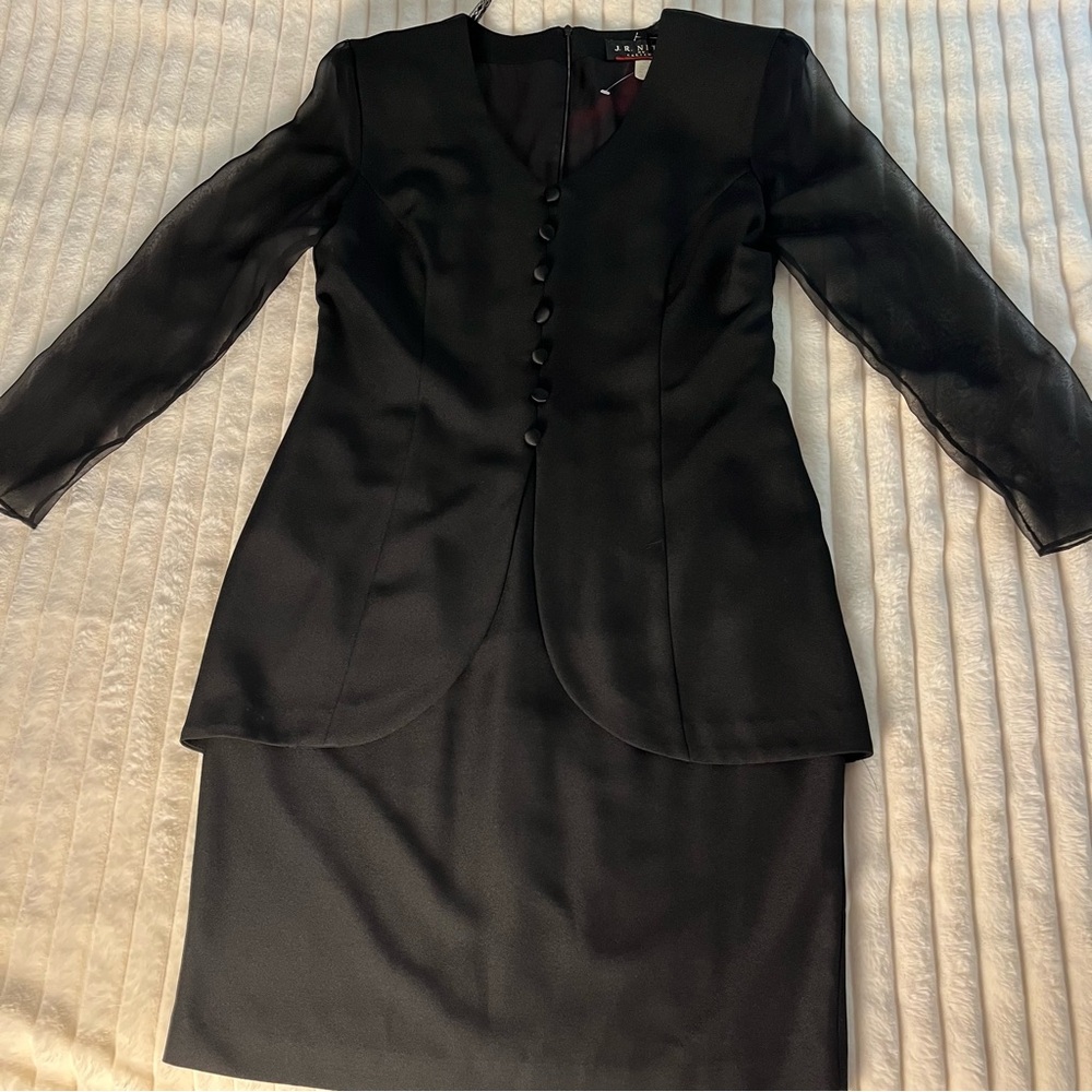 VINTAGE J R NITES Elegant Black Midi Dress see through sleeves zipper closure 12